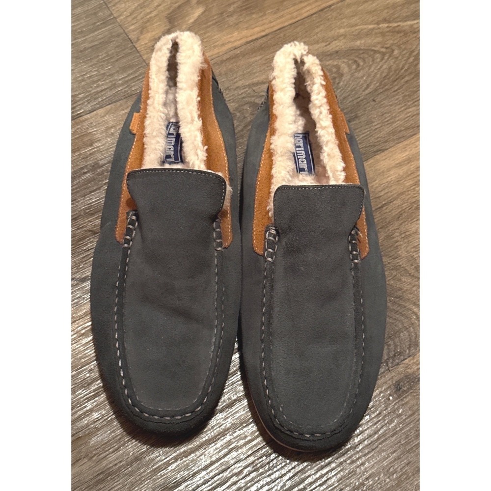 Hari Mari Hacienda Suede Slippers Shearling Lined Moc Toe PewterShoes Men's 15